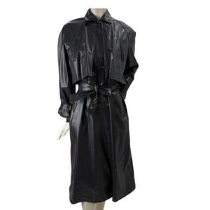 Vintage Vinyl Trench Coat Black Glossy Grid Textured Belted Longline Edgy Large